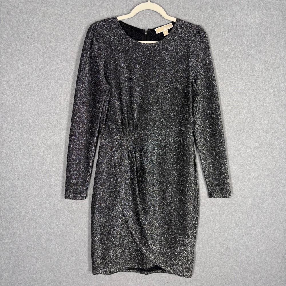 Michael Kors Metallic Wrap Dress Medium Black Silver Glitter Ruched Knit Stretch
